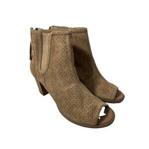 BIG BUDDA Open Toe Bootie Ankle Boots Womens Block Heel Tan Beige Zip Back 9
